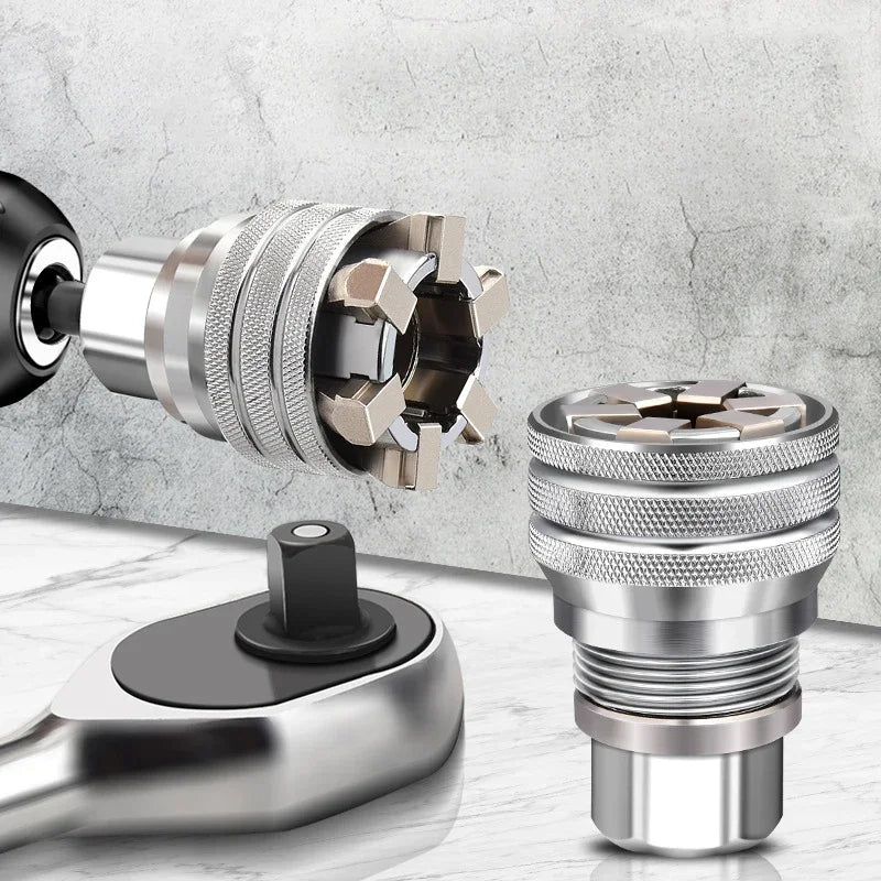A set of adjustable universal socket wrenches shown with a metal handle and various sized sockets against a gray background.