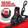 Black heavy duty retractable ratchet straps with a red quick press button and black strap visible on a red background.