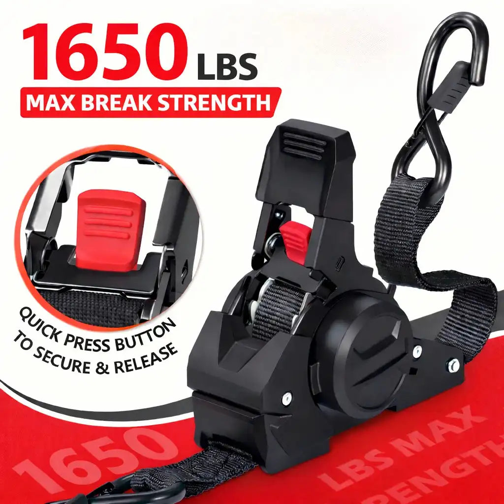 Black heavy duty retractable ratchet straps with a red quick press button and black strap visible on a red background.