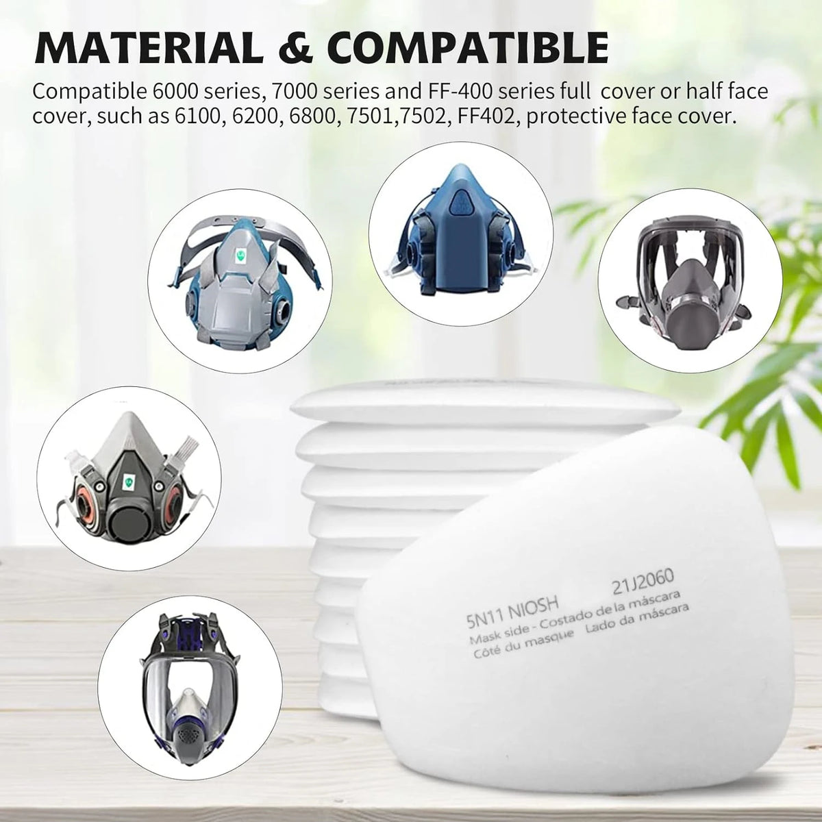 A white silicone mask cover is shown next to various gas masks and dust filters for different series.