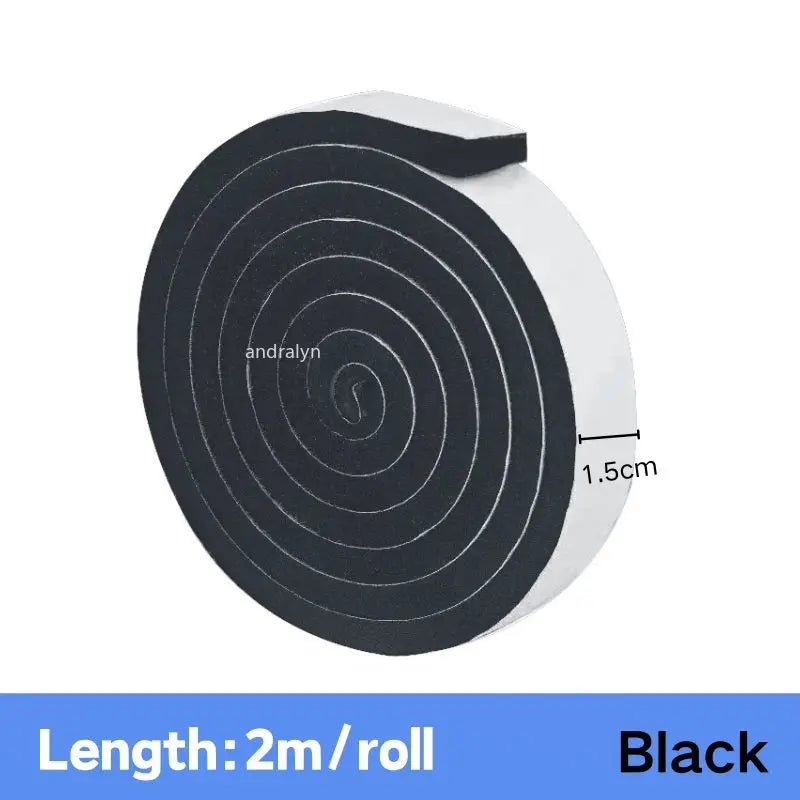 Roll of black self-adhesive foam weather stripping tape with a spiral pattern