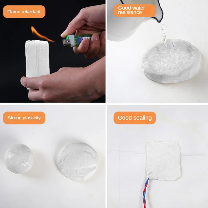 Two pieces of white sealing putty are shown with various features like flame retardant, water resistance, and strong plastici