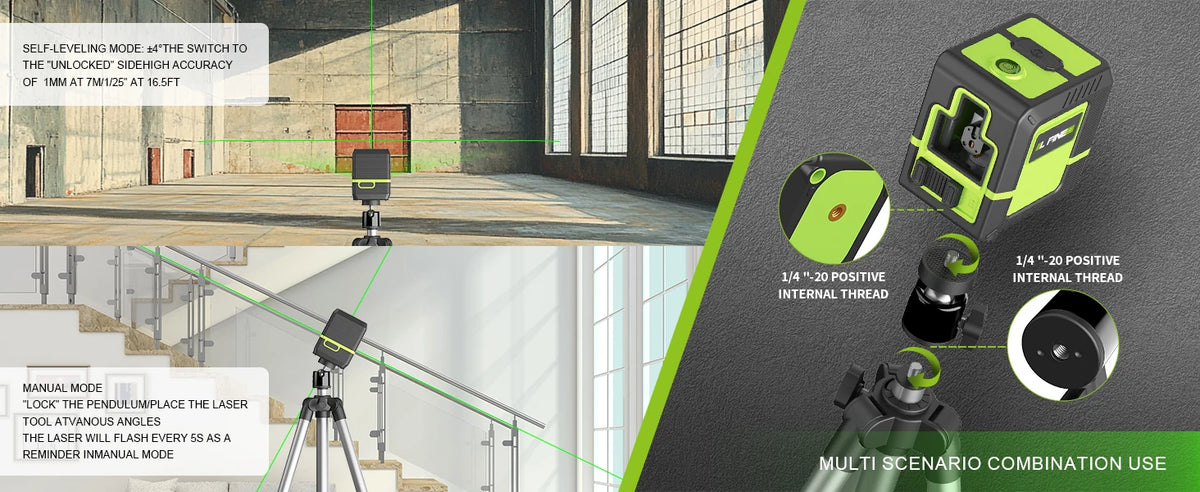 A professional 2-line laser level system showing various modes and components for precision measurement.