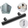 A black stainless steel kitchen door pull handle shown with close-up views of its installation and use.