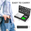 A hand holds a black digital scale with a long strap, demonstrating its easy to carry feature.