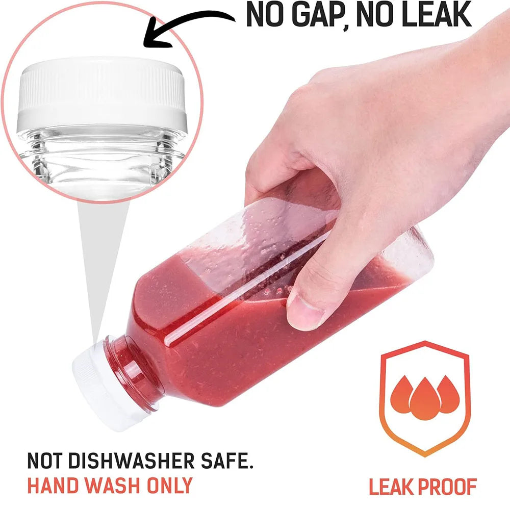 A hand is pouring a reddish-pink liquid from a clear plastic bottle, emphasizing its leak proof and non-dishwasher safe featu