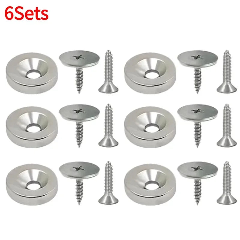 Six sets of invisible magnetic door latches for furniture, featuring round metal plates and threaded pins.