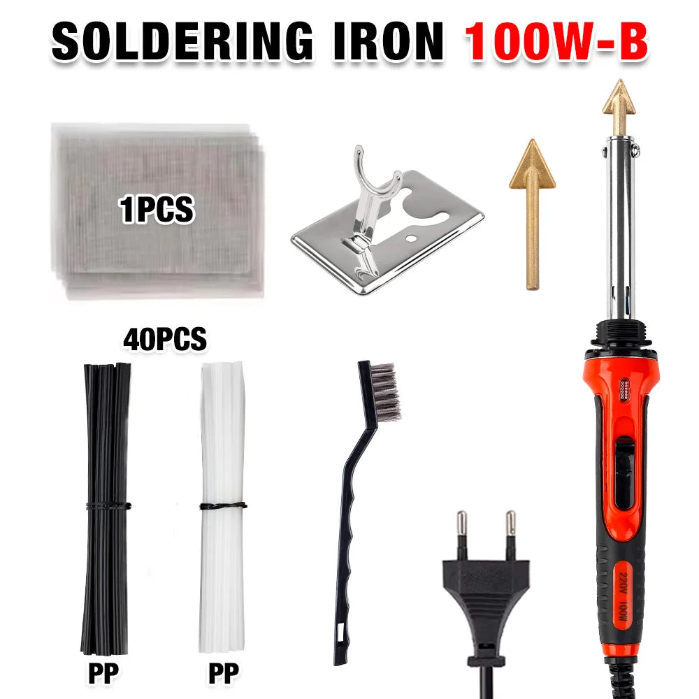 A set of soldering irons including a 100W-B iron, tips, and accessories for repair work.