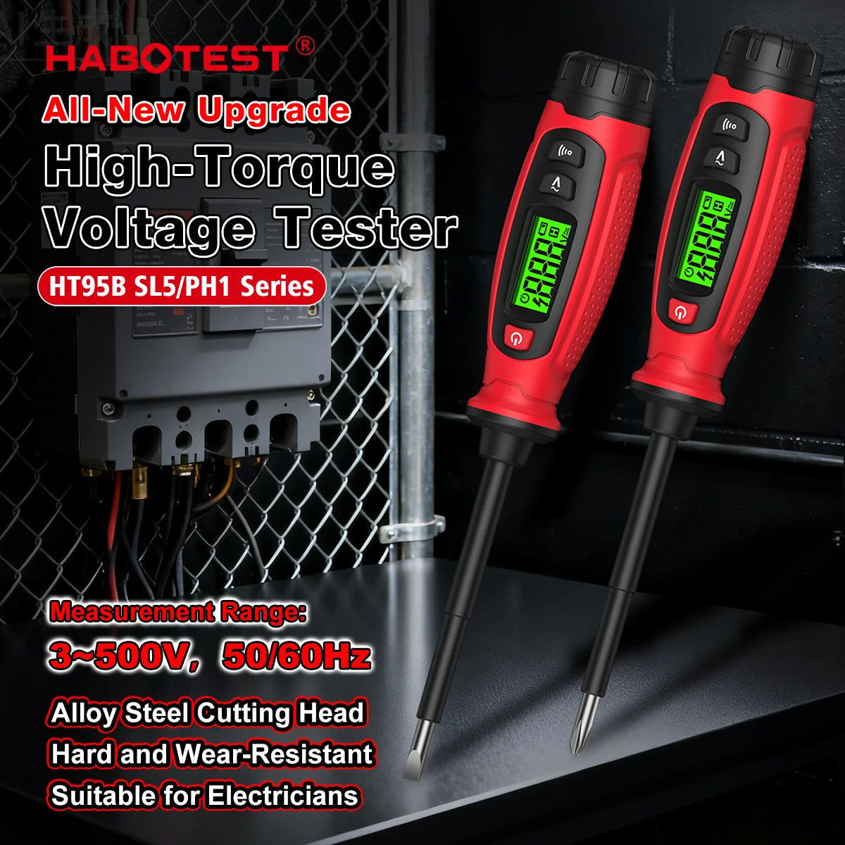Two red high-torque voltage testers are displayed against a black background with electrical components.