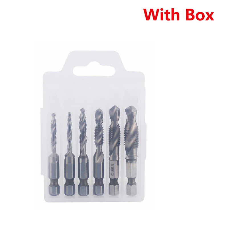 A set of five hex shank titanium coated tap and drill bits packaged in a clear plastic box.