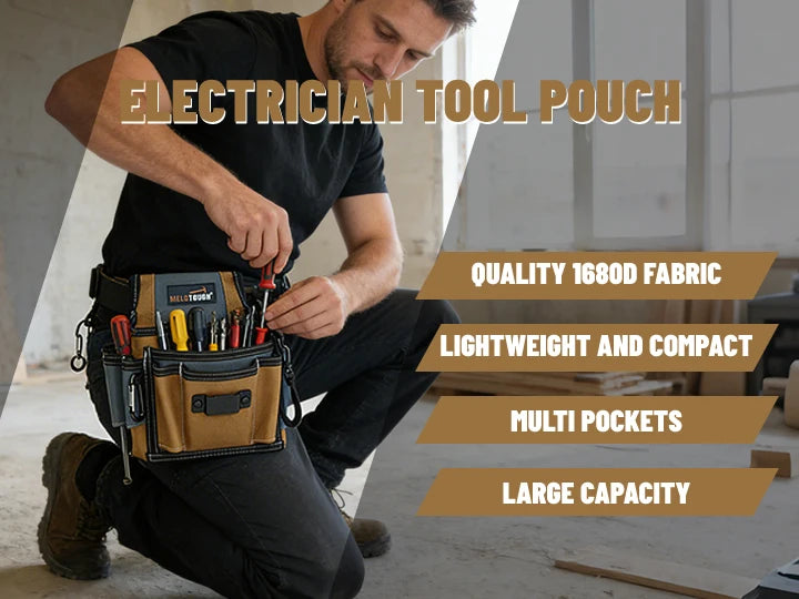 A man is shown using an electrician tool pouch made of quality fabric with multi pockets and large capacity.