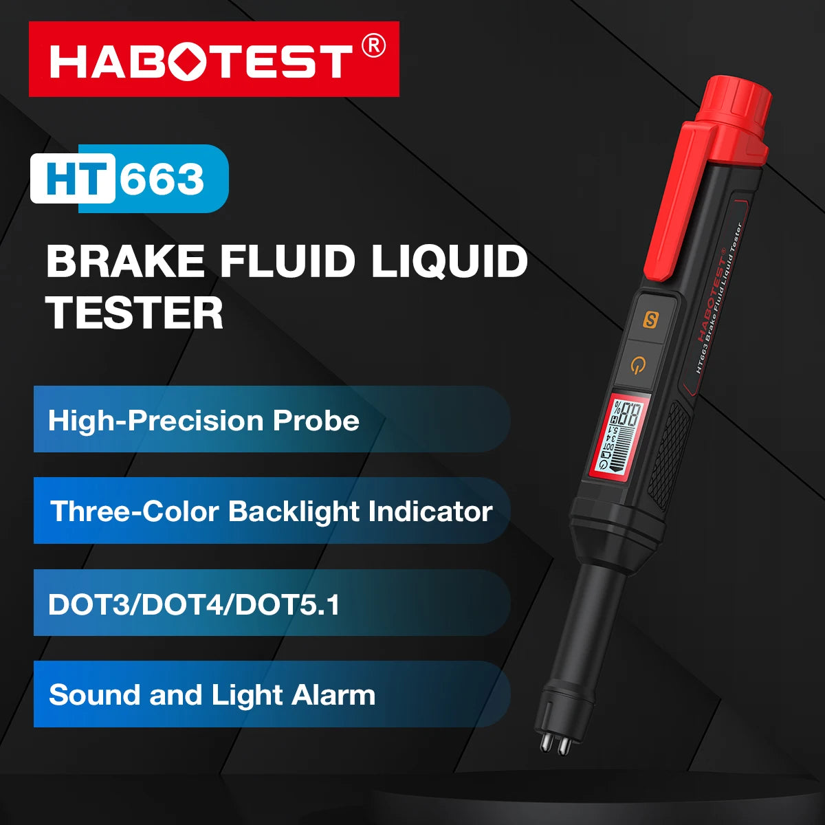 A red and black portable digital brake fluid tester with a probe and indicator lights.