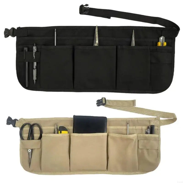 Tan multifunktionales Werkzeug-Schürze mit verschiedenen Werkzeugen und Taschen für DIY und Gartenarbeit.