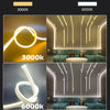 A display showing various brightness levels of an LED light strip with a chasing neon effect in interior settings.