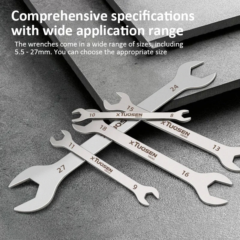 A collection of various sized metal wrenches, ranging from 5.5 to 27mm, laid out on a gray surface.