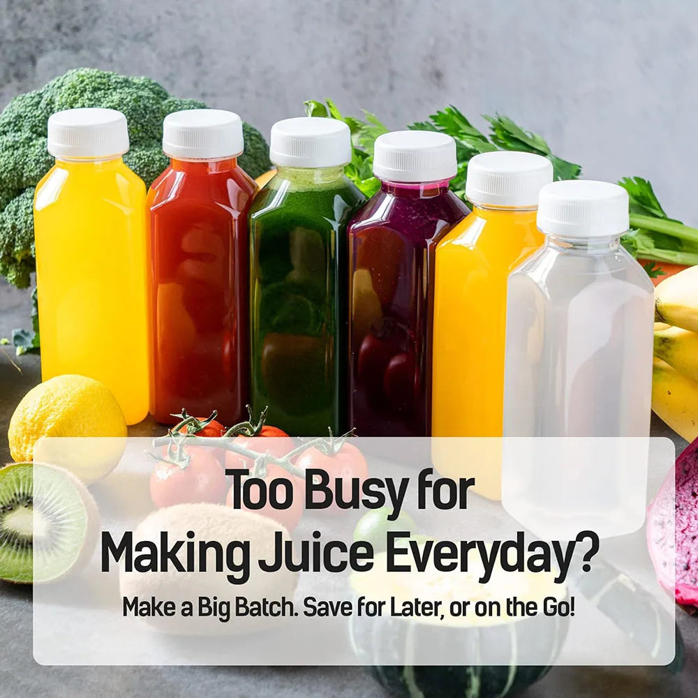 A collection of six reusable plastic juice bottles in various colors like orange, red, green, and purple, set against a backg