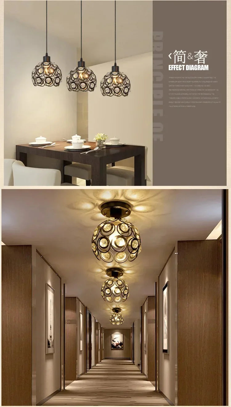 A modern crystal LED chandelier lamp hanging in a room, with a long hallway visible in the background.