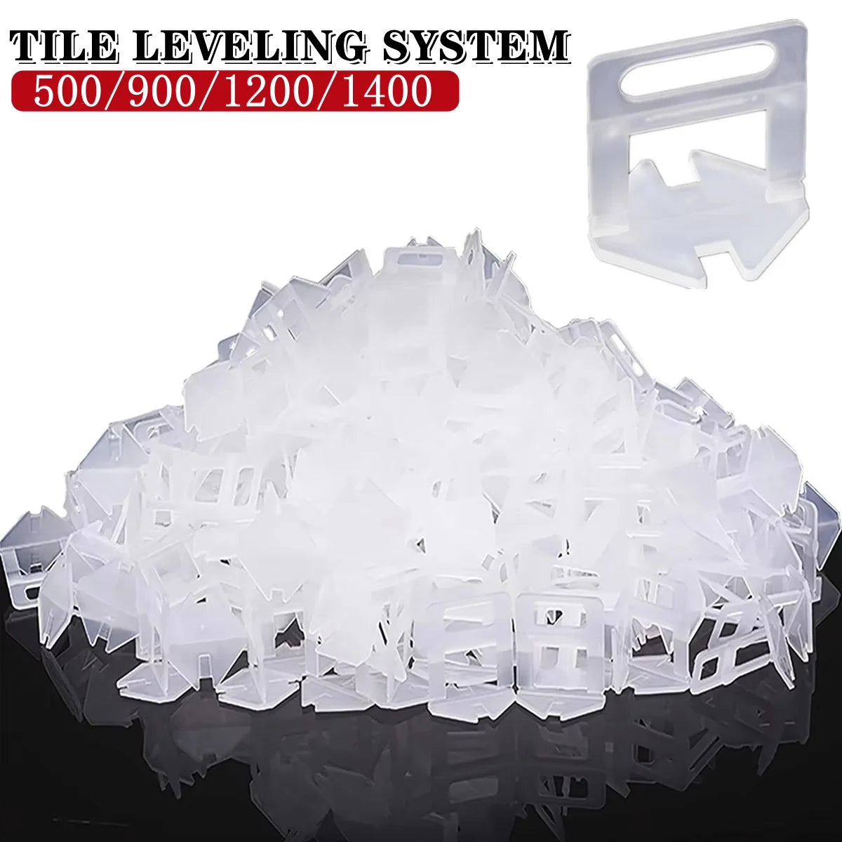 A pile of clear plastic tile leveling spacers in various sizes (500/900/1200/1400) for construction