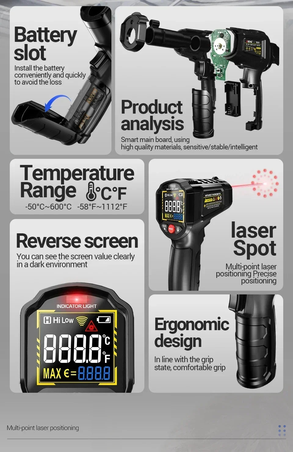 Infrared thermometer showing temperature readings, battery slot installation, and product features.