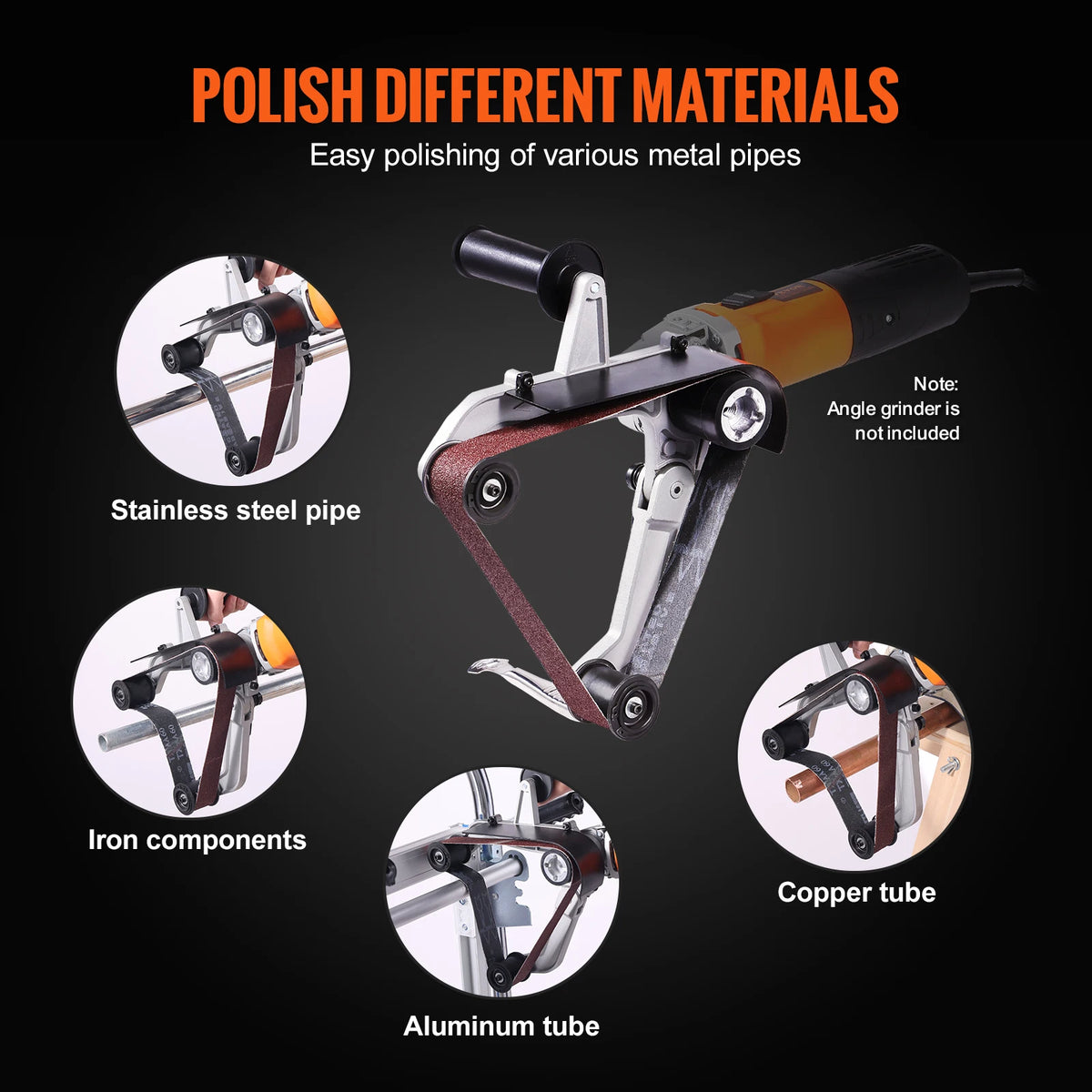 A set of adapters and tools designed for the easy polishing of various metal pipes using an angle grinder.