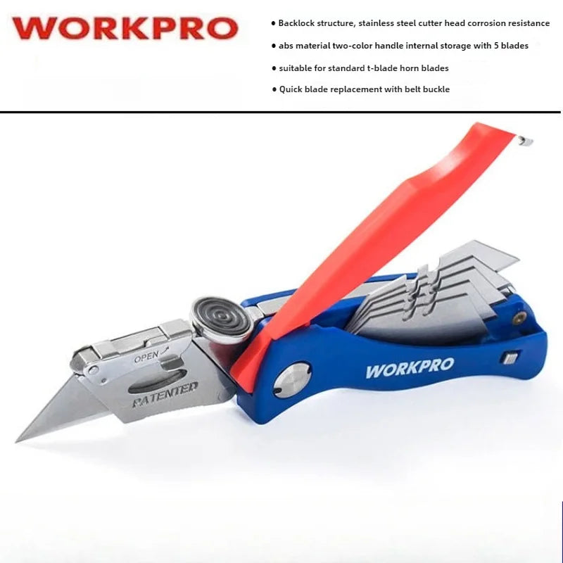 A blue and red WorkPro multi-tool utility knife with a sharp blade and storage system is shown on a white background.