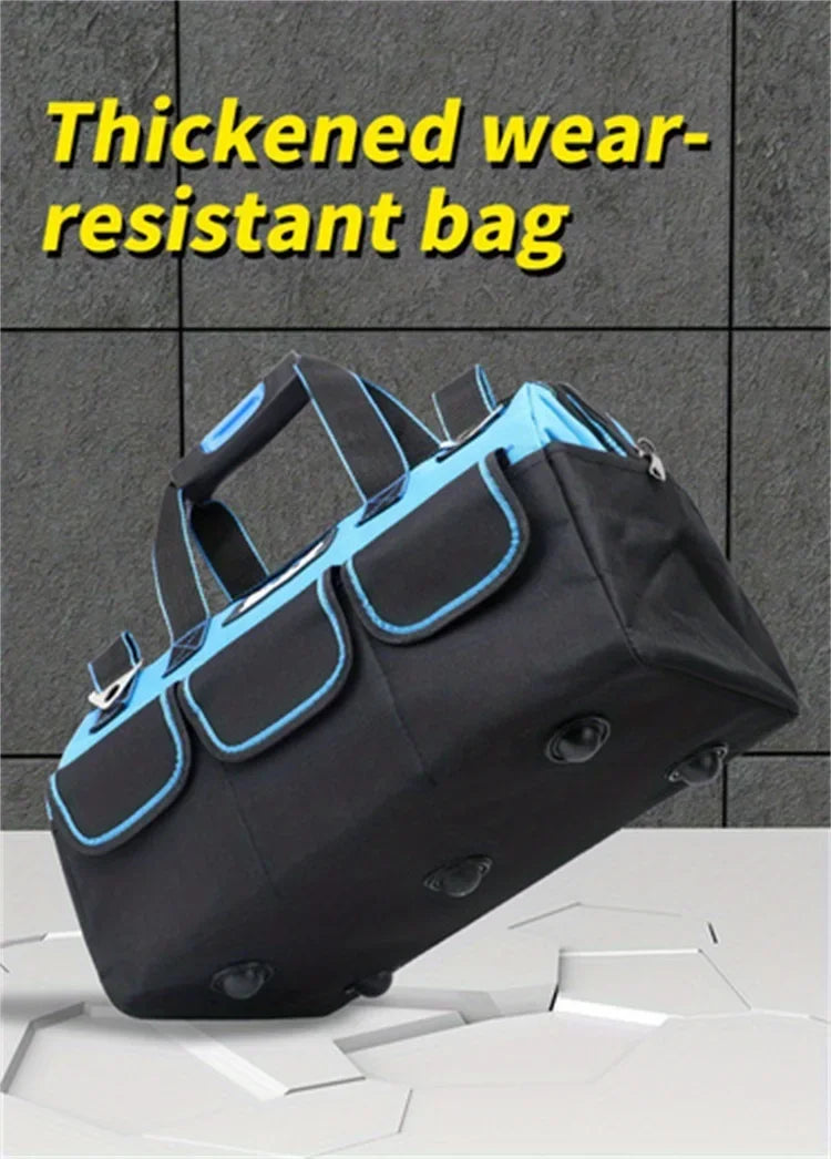 A black, thickened, wear-resistant bag with blue accents is shown on a gray background.