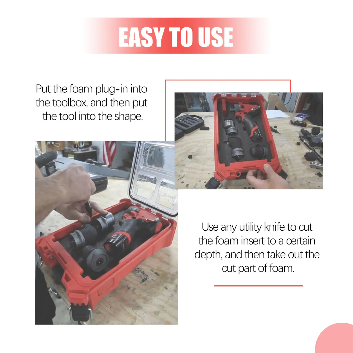 A person is using a utility knife to cut foam inserts from a tool box, demonstrating how to use the product.