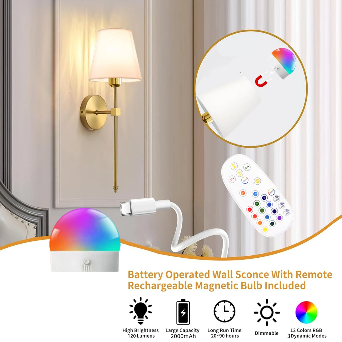 Battery operated wall sconce with remote rechargeable magnetic bulb and dimmer switch