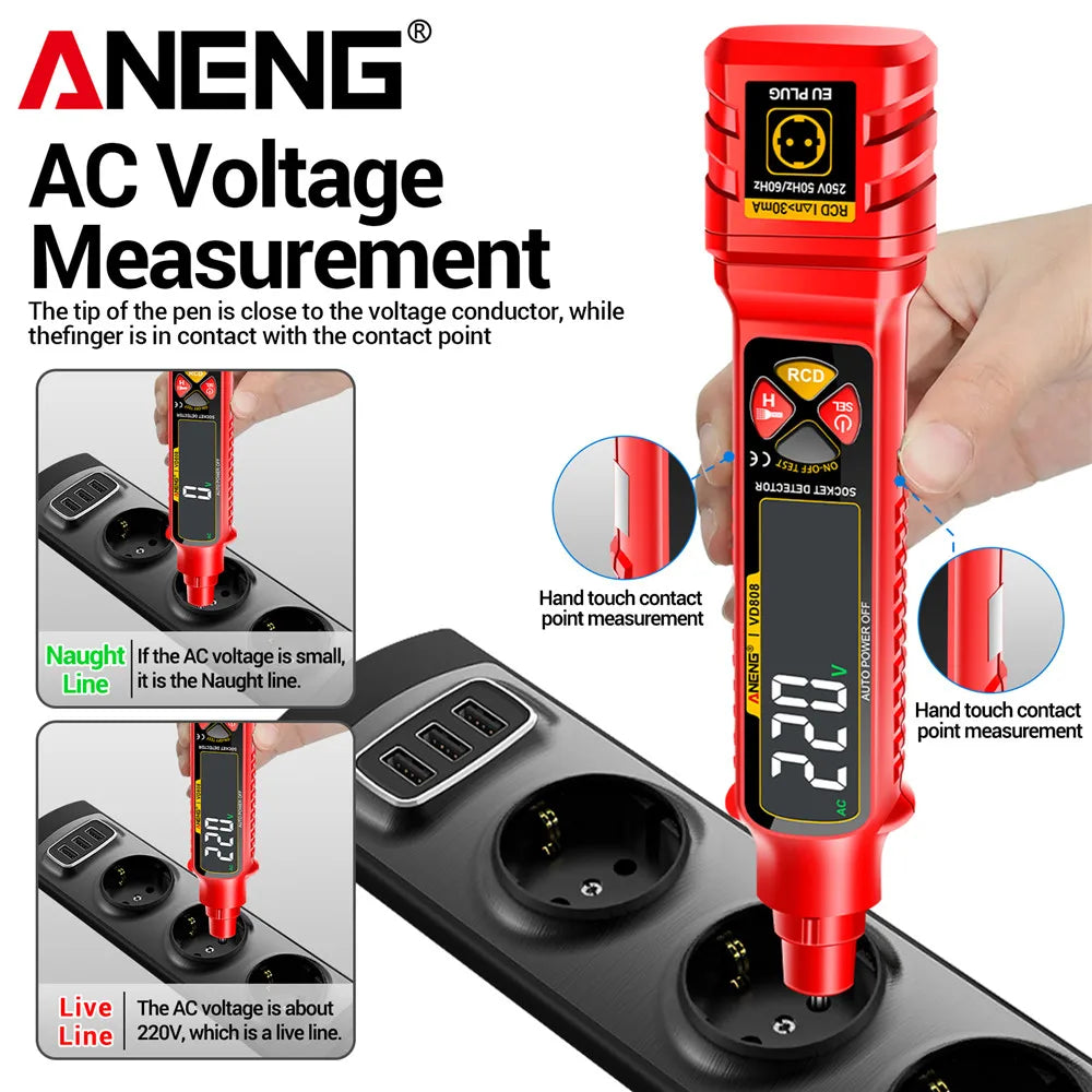 A red ANENG AC Voltage Measurement tester is shown measuring voltage on a power line.