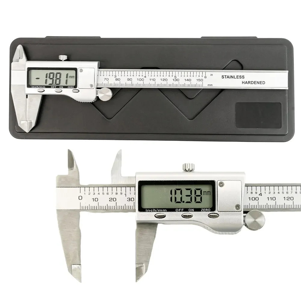 A black digital vernier caliper with a stainless hardened jaw showing a measurement of 10.38 mm