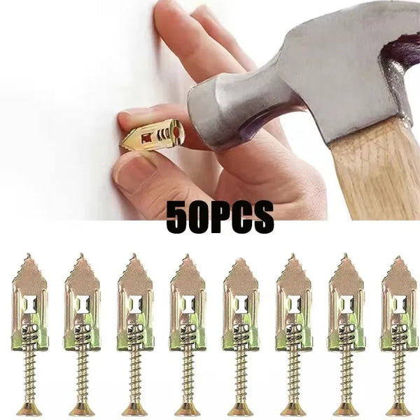 A collection of 50 heavy-duty self-drilling expansion screws for wall fixing shown next to a hammer.