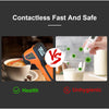 A digital infrared thermometer gun is shown next to a glass of milk, illustrating contactless measurement for health and safe