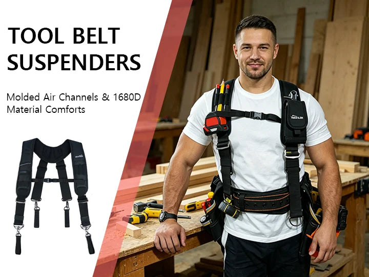 A man wearing a white shirt and dark pants holds a heavy duty tool belt with suspenders in a woodworking shop setting.