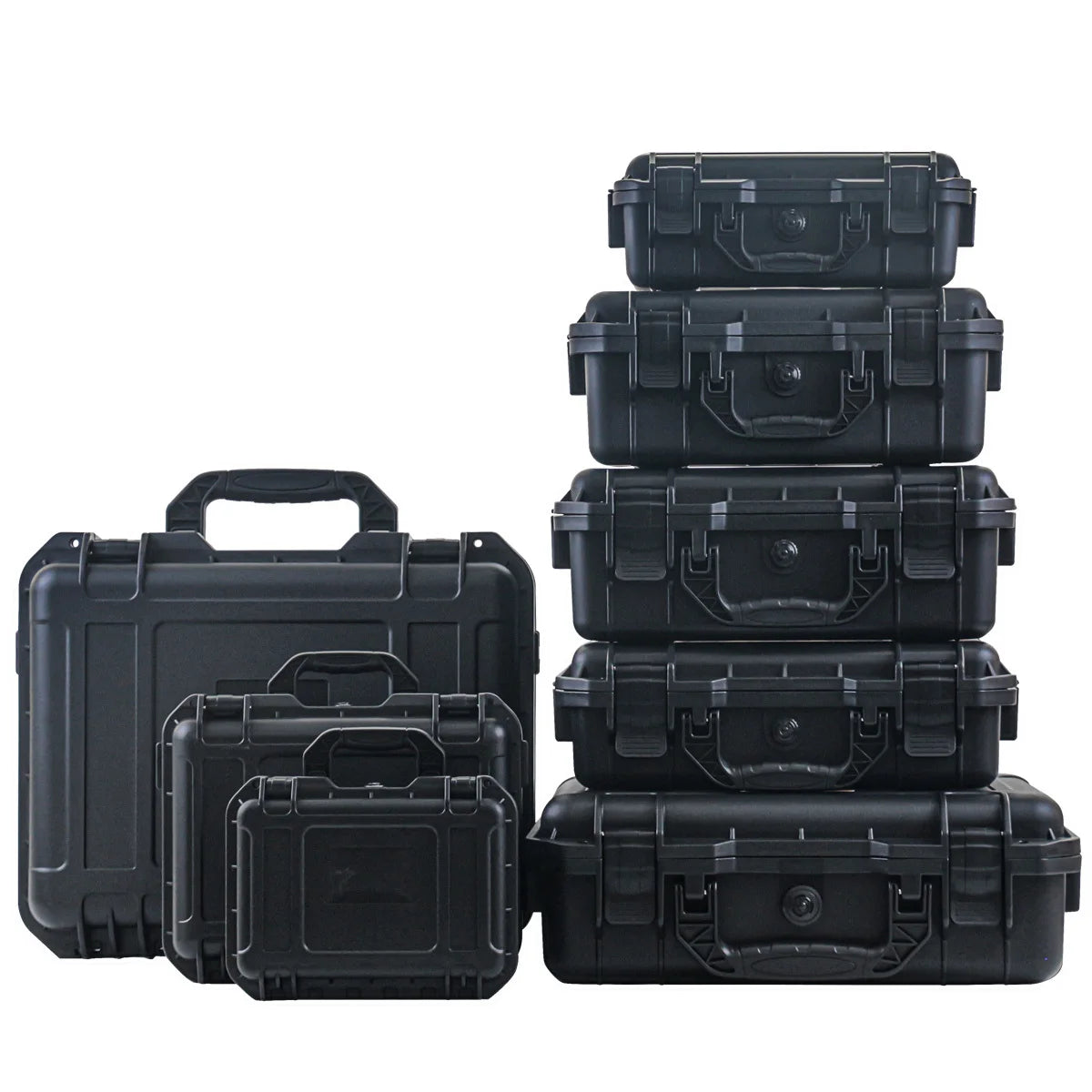 A stack of black waterproof hard carry cases for tool and sponge storage.