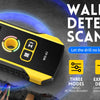 A yellow FNRSI Wall Detector Scanner with a WD-02 model number is shown against a dark background.