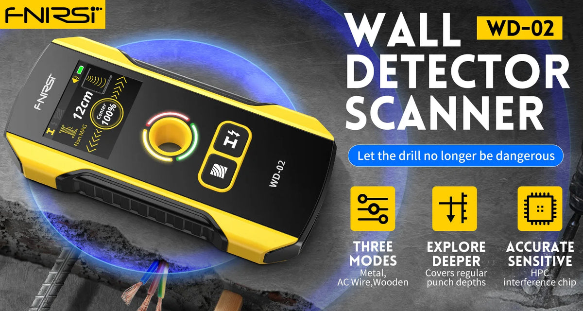 A yellow FNRSI Wall Detector Scanner with a WD-02 model, shown against a dark background.