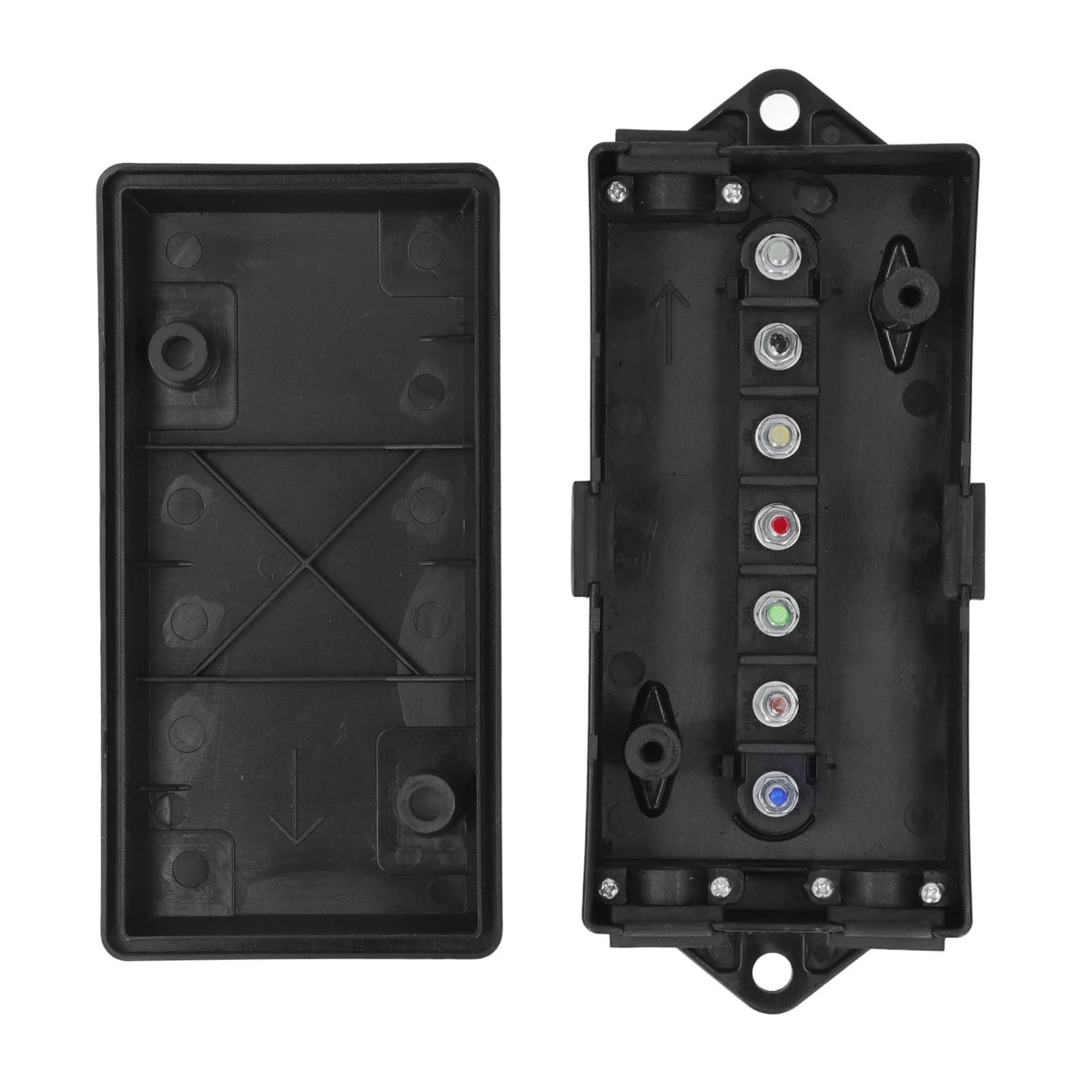 Black 7-way waterproof distribution block for power connectors with multiple terminal points