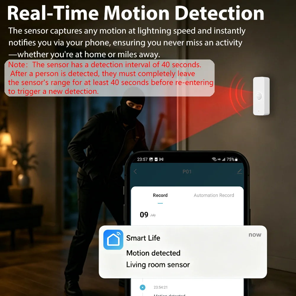 A person in a black outfit is detected by a smart home motion sensor, with a smartphone screen showing a motion detection ale