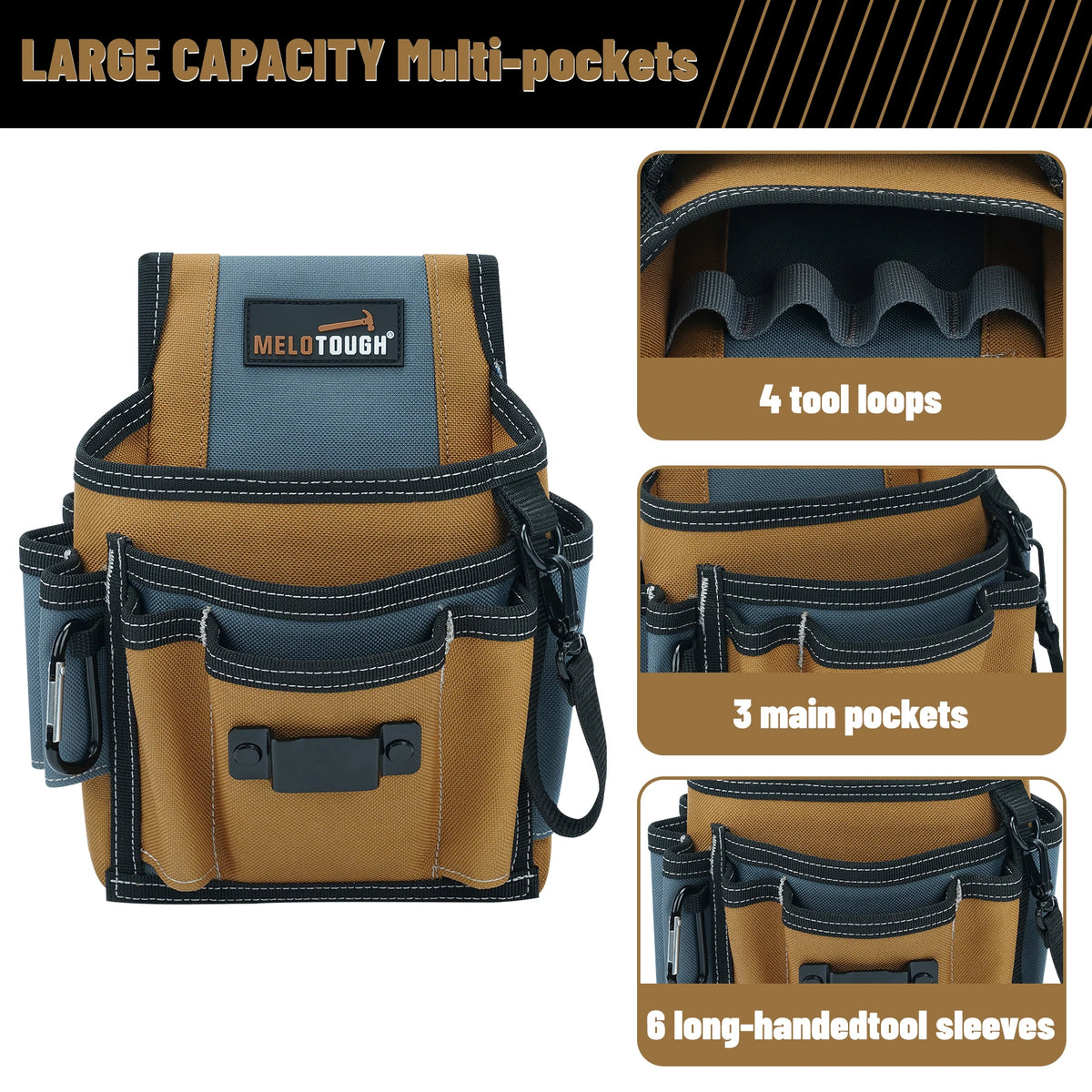 A brown tool organizer pouch with multiple pockets and tool loops shown in various views.