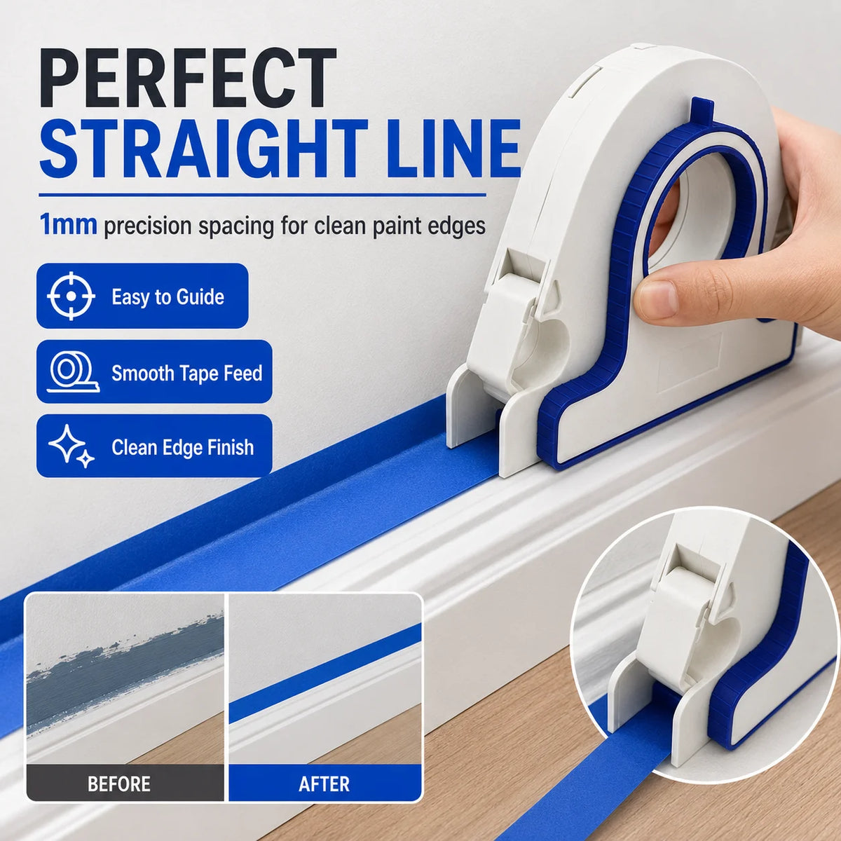 A white paint masking tape applicator with a blue line, showing before and after results on a surface.
