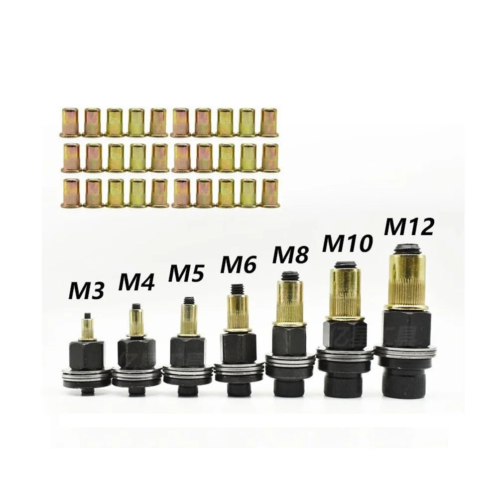 A set of precision rivet nuts ranging from M3 to M12, including installation tools.