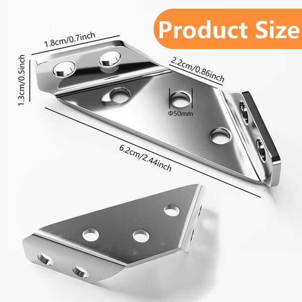 Silver L-shaped corner brackets used to secure wood and metal materials.