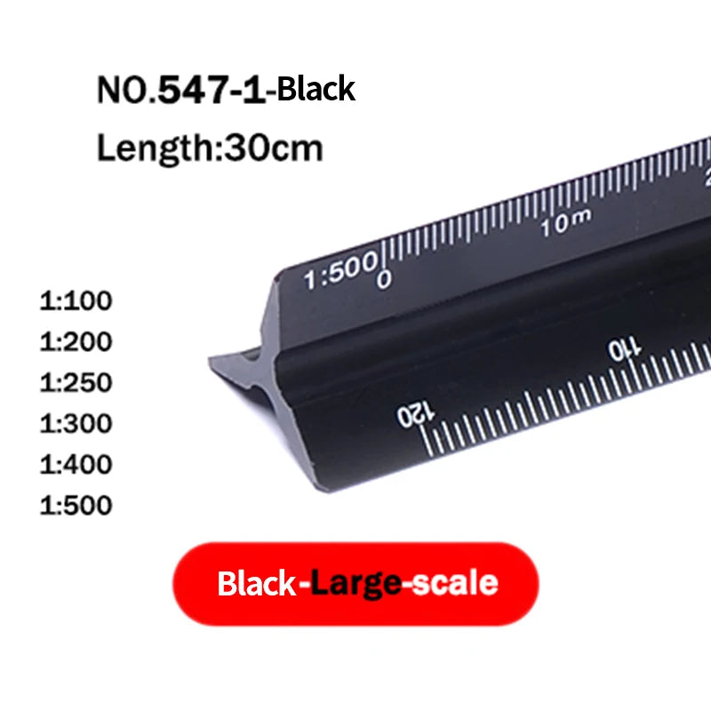 Black precision triangular scale ruler with a 30cm length shown next to a metric scale.