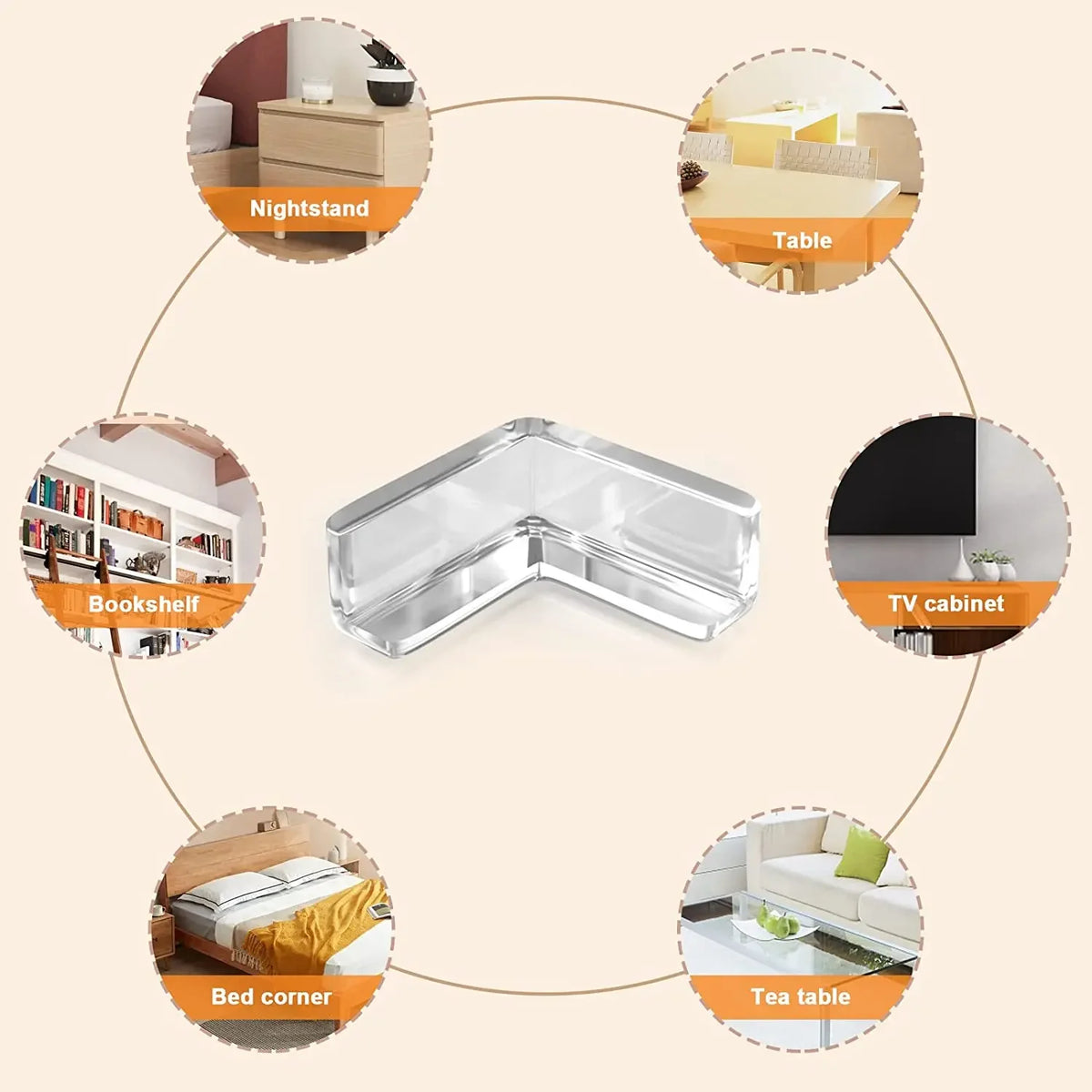 Silicone corner edge guards for baby safety shown in various contexts including nightstand, table, bookshelf, TV cabinet, bed