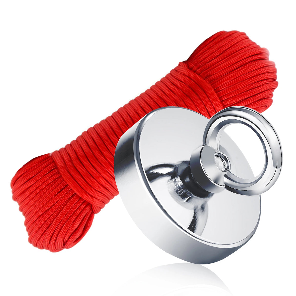 A bright red, twisted cord or rope is shown next to a silver fishing magnet.