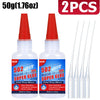 Two bottles of 50g Super Glue with red tips and labels showing instant adhesive properties