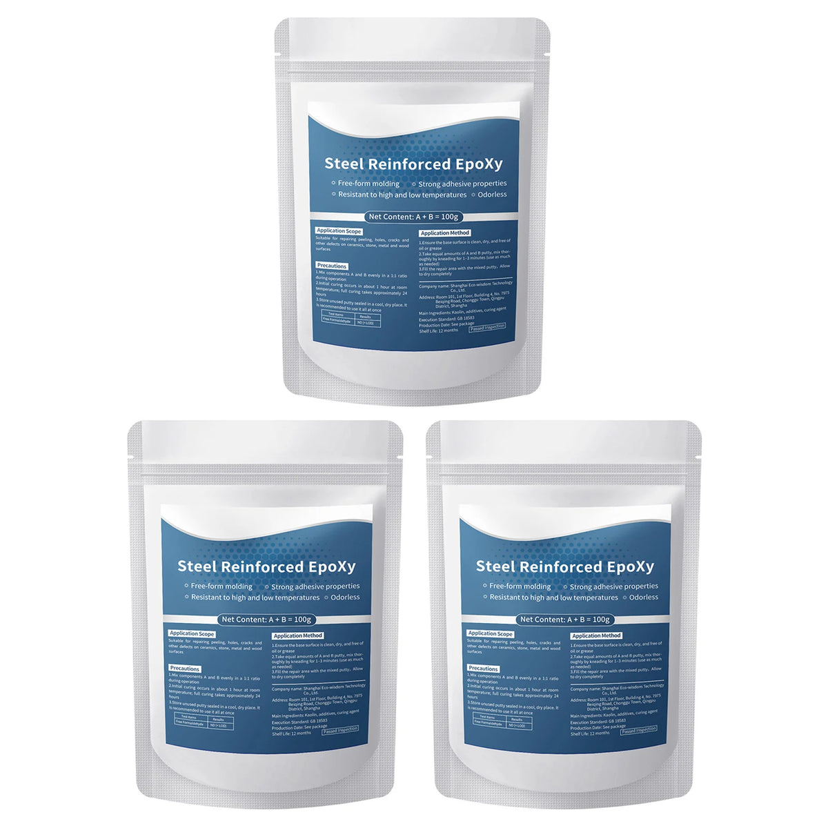 Two white containers of Steel Reinforced Epoxy putty for crack repair with product information labels