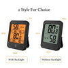 Two styles of a portable digital thermometer and hygrometer, one with backlight and one without.