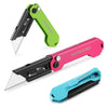 A set of three WorkPro folding utility knives in green, pink, and blue.