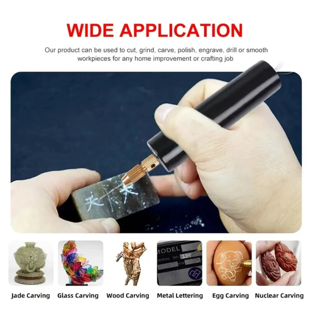 A hand is using a mini electric drill to carve or engrave various materials including jade, glass, wood, metal, and eggshells
